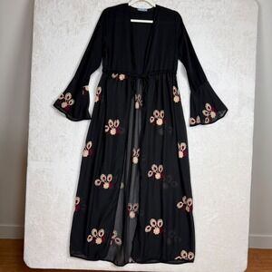 Boho Black Embroidered Sheer Duster Robe Bell Sleeve Floral Maxi Festival 38/M